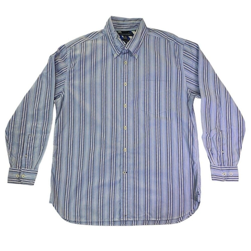 Tommy Hilfiger Men’s XL Blue White Striped Button Front Shirt Long Sleeve